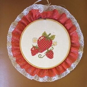 Completed Round Strawberry & Floral Counted Cross Stitch Sampler, Lace Edging